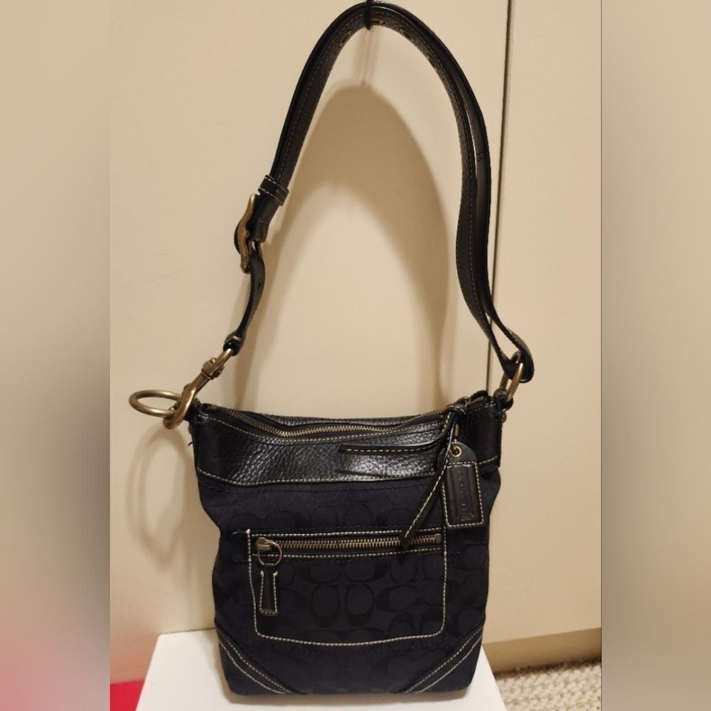 Coach Signature "CC" Logo Canvas w/Black Leather Trim Shoulder Bag Ret.$339